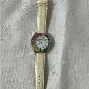 Isaac Mizrahi Multicolor Bezel Cream Strap Watch